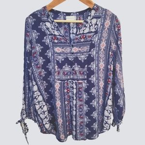 Liz Claiborne XL Sheer Top Blue Bandana Paisley Boho Chic Red White